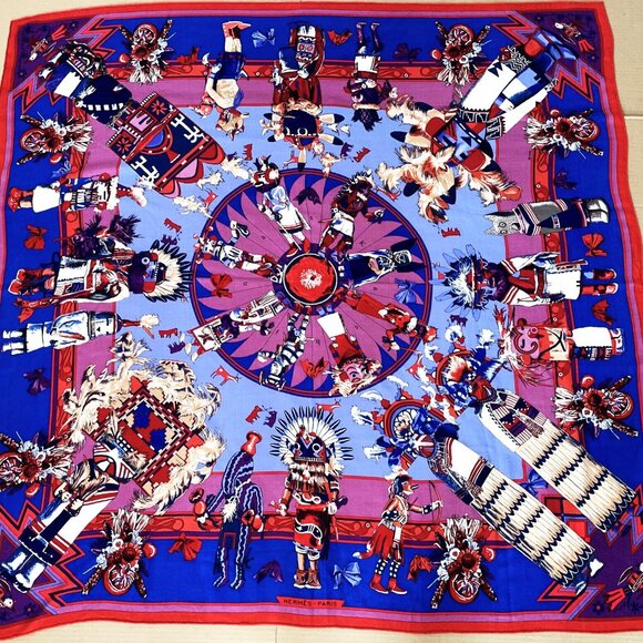 NWT Hermes Cashmere Silk Kachinas Kermit Oliver 140cm 54" Blue Red Shawl Scarf - Picture 2 of 12